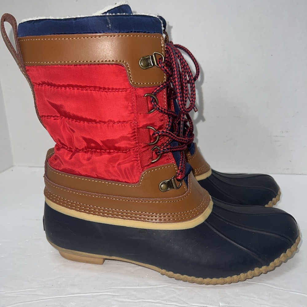 Lands' End Sherpa Lined Lace-Up Winter Duck Boots Tan Navy Red Size 8